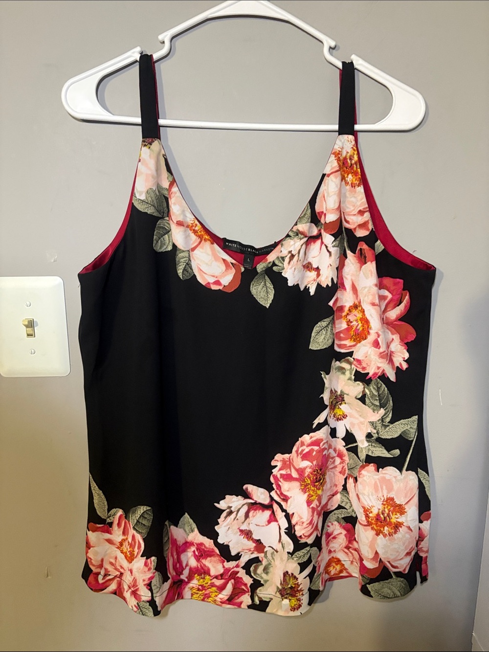 White House Black Market Black Floral Pink Trim Satin Cami Tank size Large